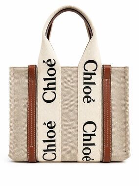 Chloé Woody Tote Medium Beige Canvas Logo Strap Brown Leather Made in Italy